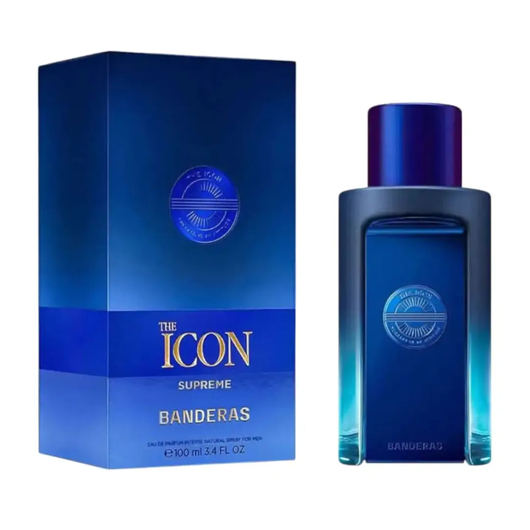 imagen del perfume antonio banderas the icon supreme mostrando su frasco azul oscuro con detalles dorados elegantes