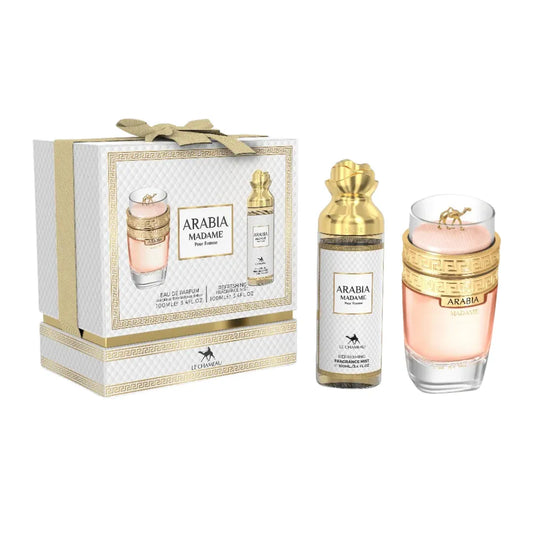 estuche de perfume arabia madame le chameau 100 ml con diseño elegante y frasco dorado