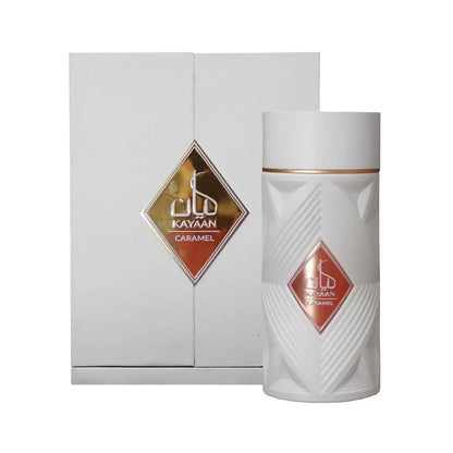 Perfume Armaf Kayaan Caramel Ansam 100ml Edp con frasco color ámbar y detalles dorados sobre fondo blanco