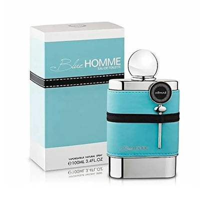 imagen del perfume armaf blue homme mostrando su frasco azul con detalles plateados elegantes