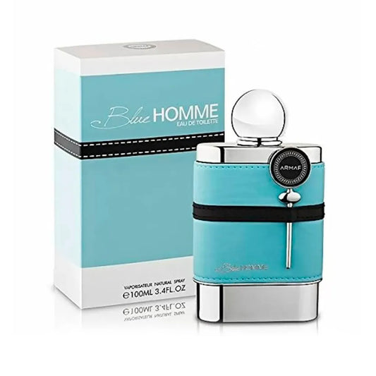 imagen del perfume armaf blue homme mostrando su frasco azul con detalles plateados elegantes
