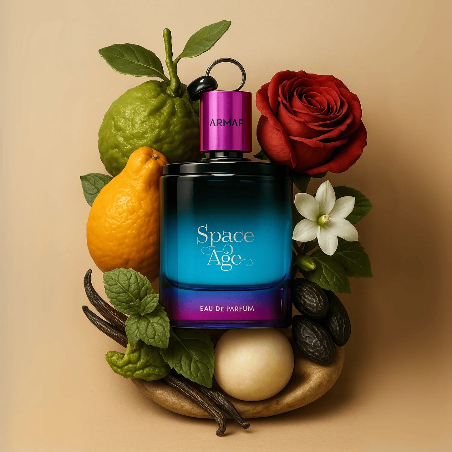 imagen del perfume armaf space age sobre fondo oscuro mostrando su familia olfativa ámbar amaderada