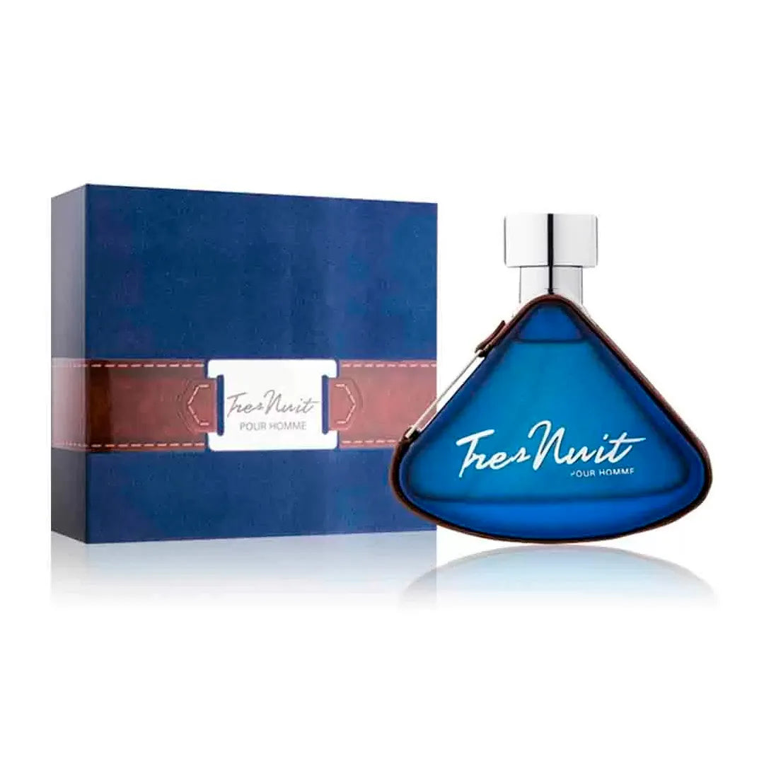 imagen del perfume armaf tres nuit pour homme mostrando su frasco verde con detalles metálicos elegantes