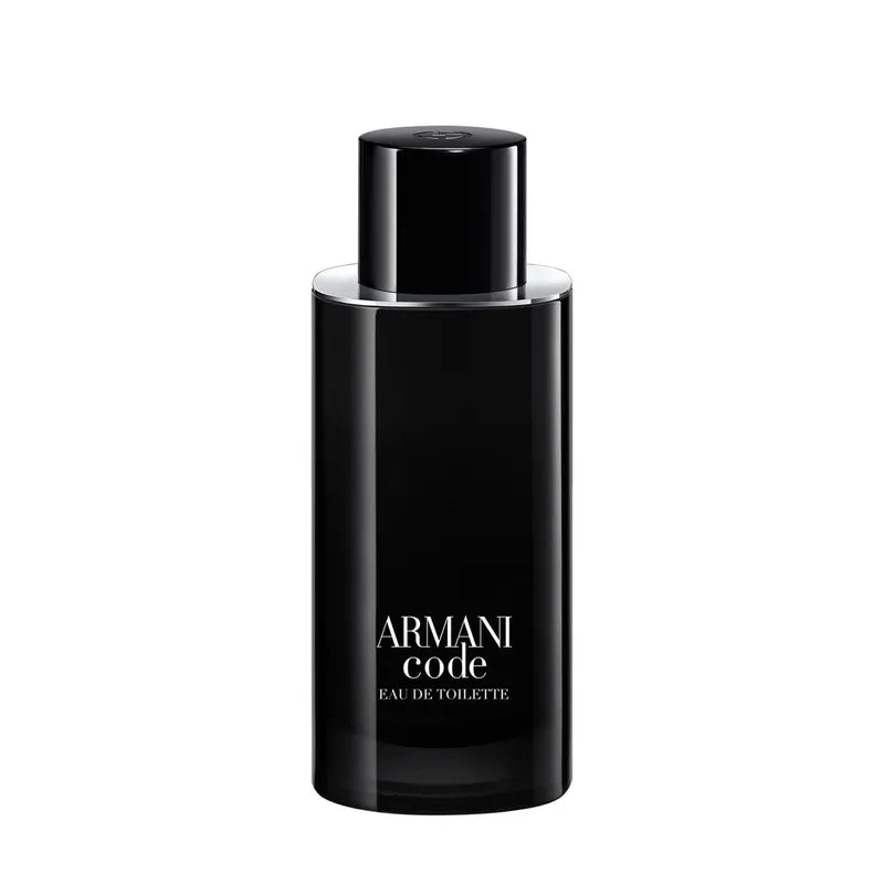 detalle del frasco del perfume armani code Edp para hombre exhibiendo su estilo moderno y sofisticado