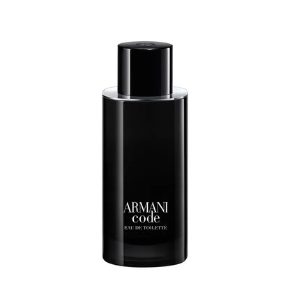 detalle del frasco del perfume armani code Edp para hombre exhibiendo su estilo moderno y sofisticado