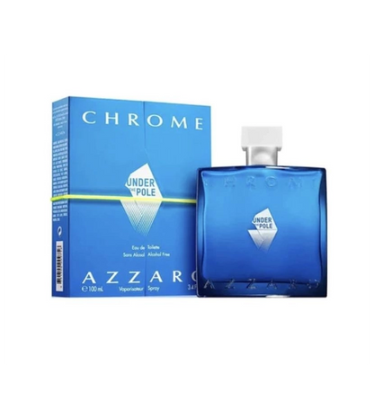 Caja del perfume Azzaro Chrome Under The Pole 100 ml con logotipo y detalles metálicos brillantes