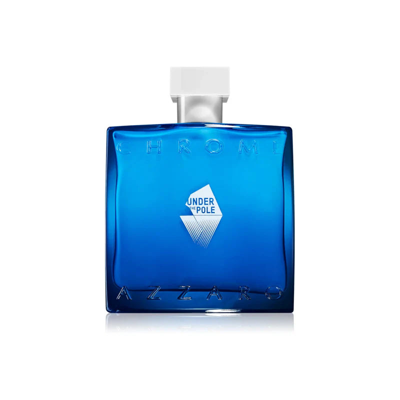 Frasco del perfume Azzaro Chrome Under The Pole visto de frente con tonos plateados y azules