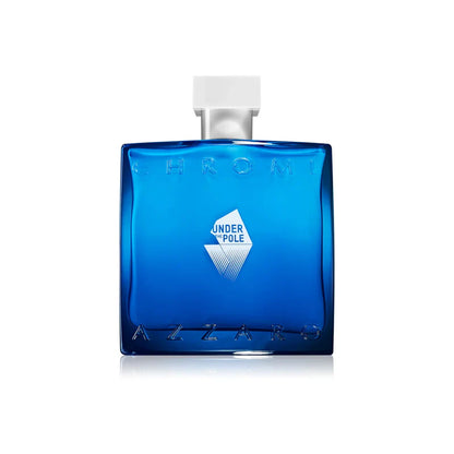Frasco del perfume Azzaro Chrome Under The Pole visto de frente con tonos plateados y azules