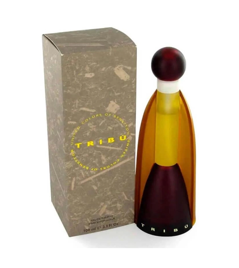 Detalle del frasco del perfume Benetton Tribu mostrando textura y acabado elegante