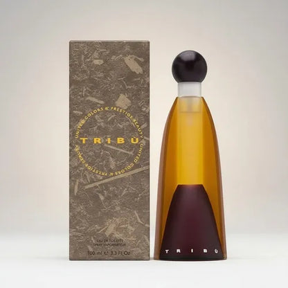 Vista frontal del frasco de Benetton Tribu Mujer con su tapón dorado y forma artística