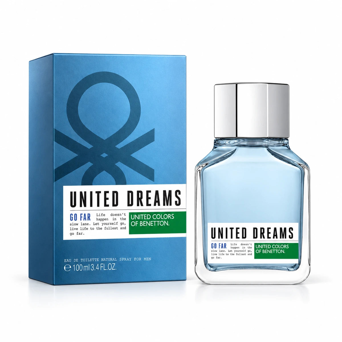 Benetton United Dreams Go Far Eau de Toilette para hombre de 100 ml junto a su empaque azul sobre fondo blanco