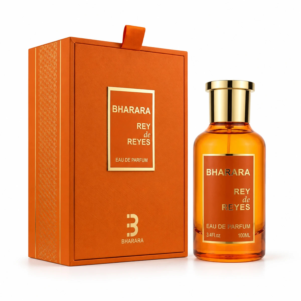 Frasco ámbar con tapa dorada y caja naranja de Bharara Rey de Reyes Orange Eau de Parfum de 100 ml sobre fondo blanco