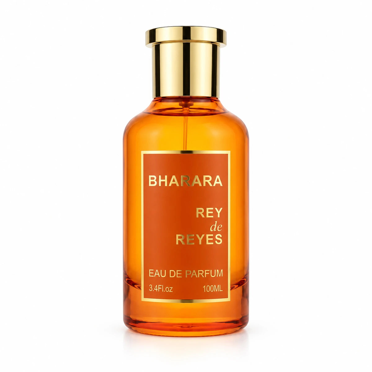Frasco de cristal ámbar con etiqueta naranja y tapa dorada de Bharara Rey de Reyes Orange Eau de Parfum de 100 ml sobre fondo blanco