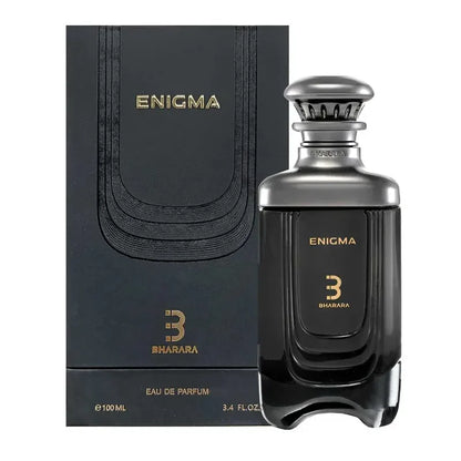 envase del perfume bharara enigma edp 100ml sobre fondo blanco con tapa metálica