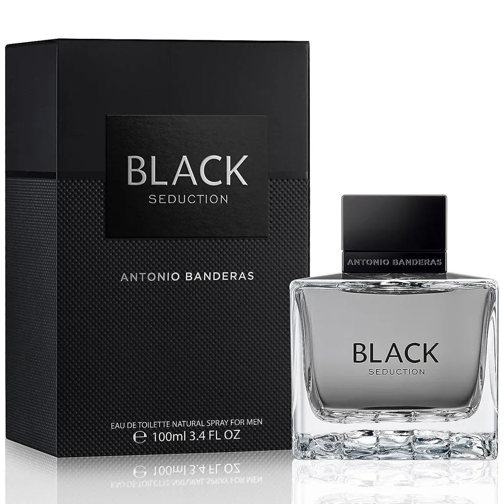 perfume black seduction antonio banderas para hombre botella sobre fondo claro mostrando su diseño elegante