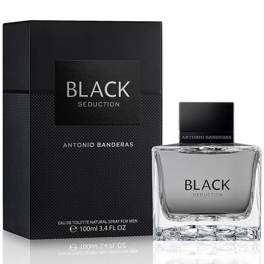 perfume black seduction antonio banderas para hombre botella sobre fondo claro mostrando su diseño elegante