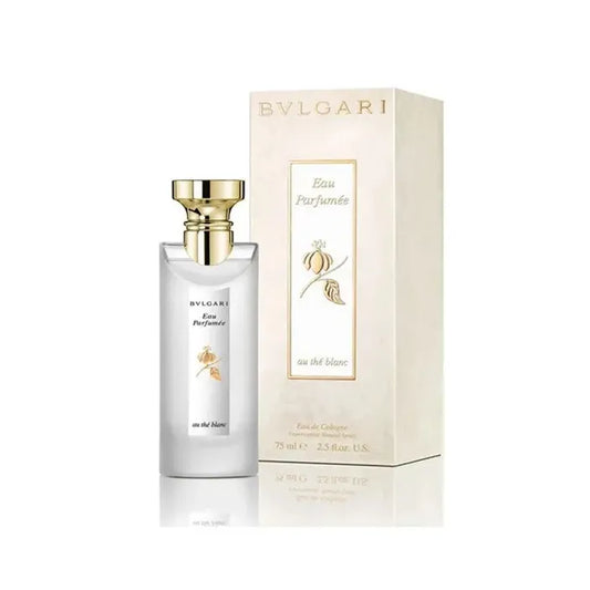 frasco del perfume bvlgari eau parfumee au the blanc de setenta y cinco mililitros con diseño elegante