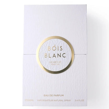 Caja de Arabiyat Prestige Bóis Blanc EDP 100 ml, presentación original unisex