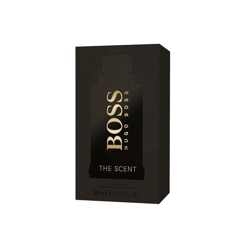 Detalle del frasco de The Scent de Hugo Boss, fragancia masculina con jengibre y cuero