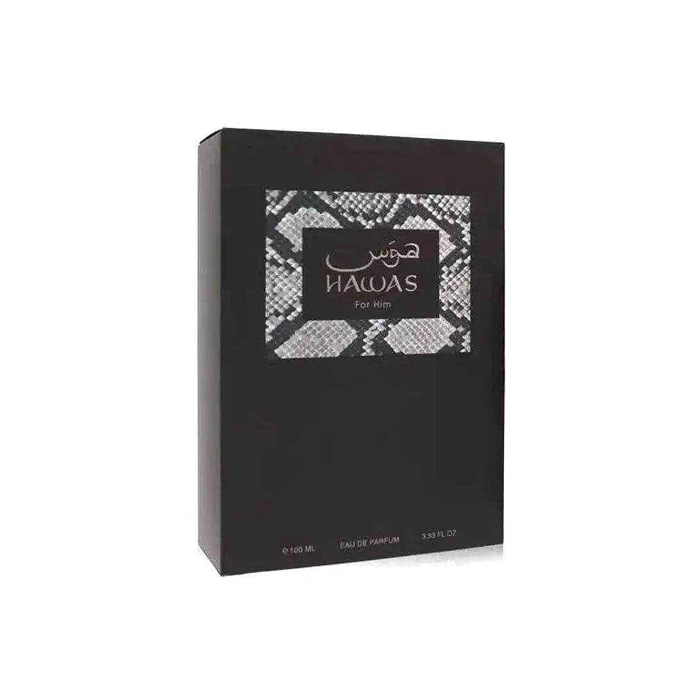 Caja y frasco de Rasasi Hawas For Him EDP 100 ml para hombre