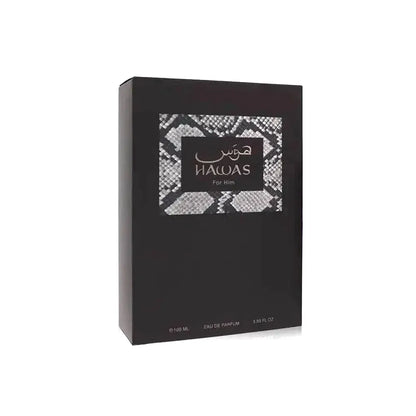 Caja y frasco de Rasasi Hawas For Him EDP 100 ml para hombre