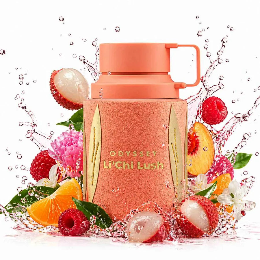 Vista frontal del perfume Odyssey Lichi Lush de Armaf