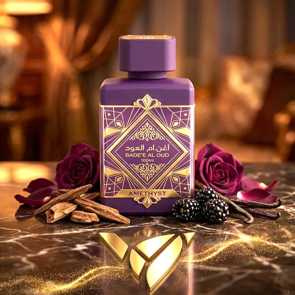 Caja original del perfume Bade'e Al Oud Amethyst Lattafa 100ml EDP