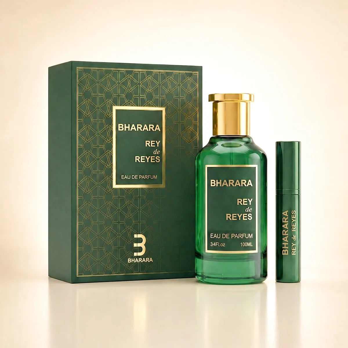 vista frontal del perfume Bharara Rey de Reyes Eau de Parfum 100 ml para hombre mostrando su frasco y diseño original