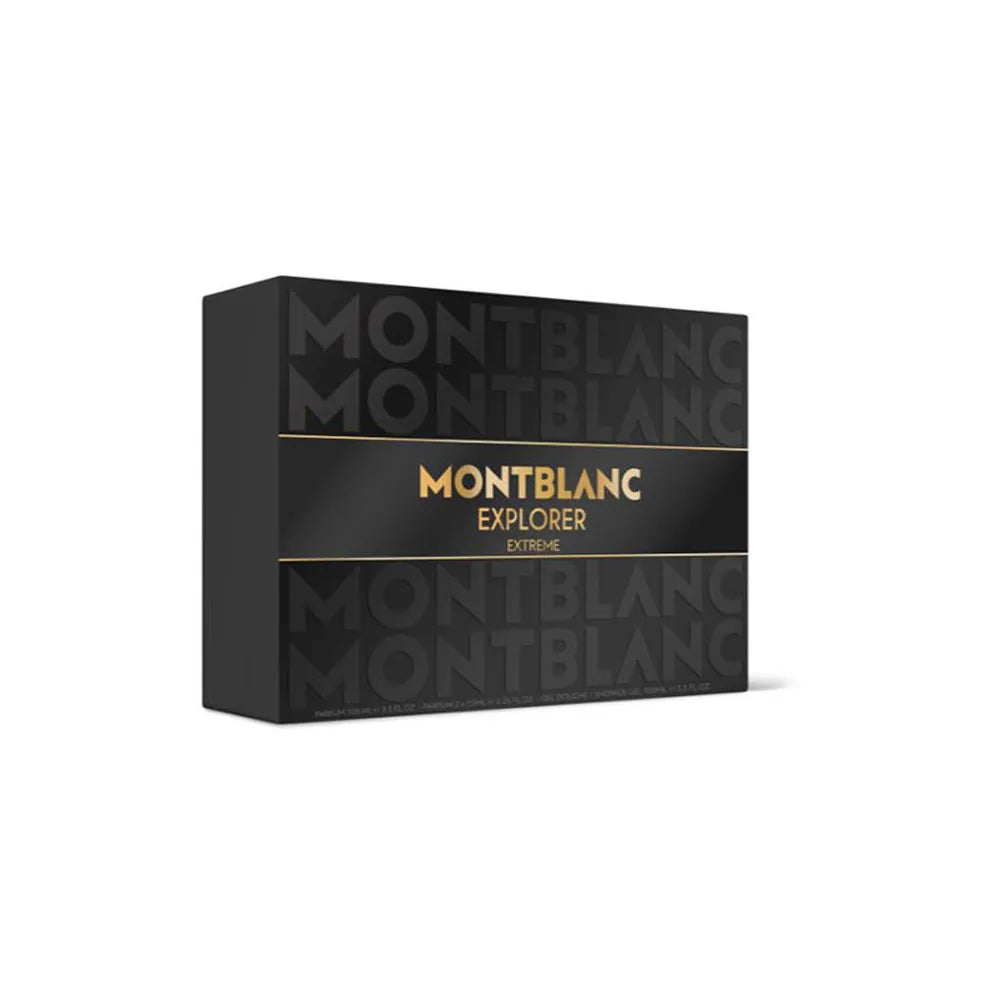 vista frontal de la caja donde vienen las 4 piezas del set de perfumes para hombre explorer extreme de montblanc