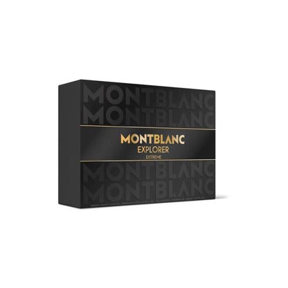 vista frontal de la caja donde vienen las 4 piezas del set de perfumes para hombre explorer extreme de montblanc