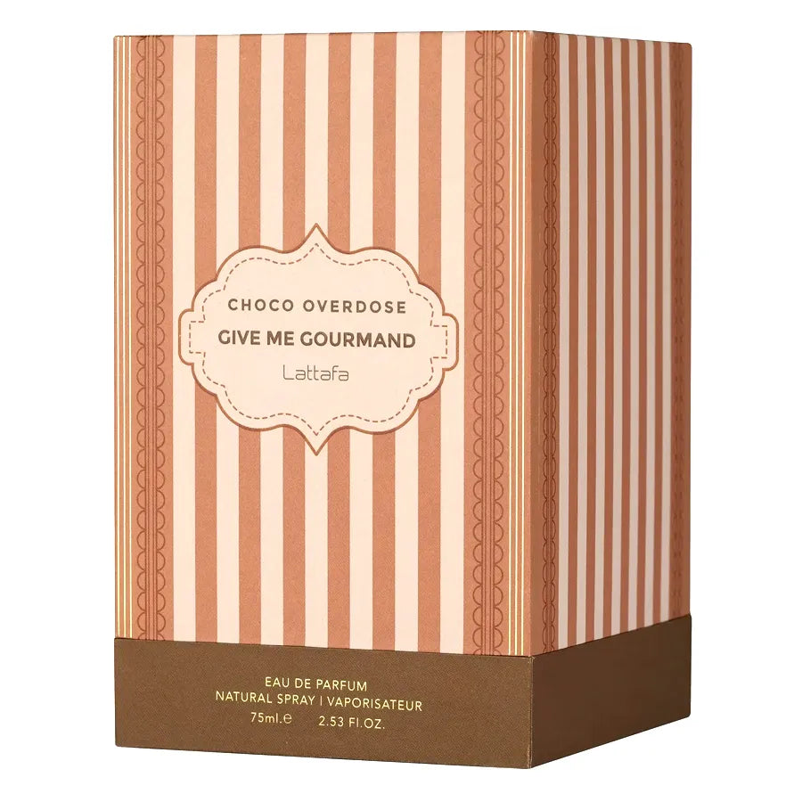 Caja original del perfume Lattafa Choco Overdose con acabado elegante