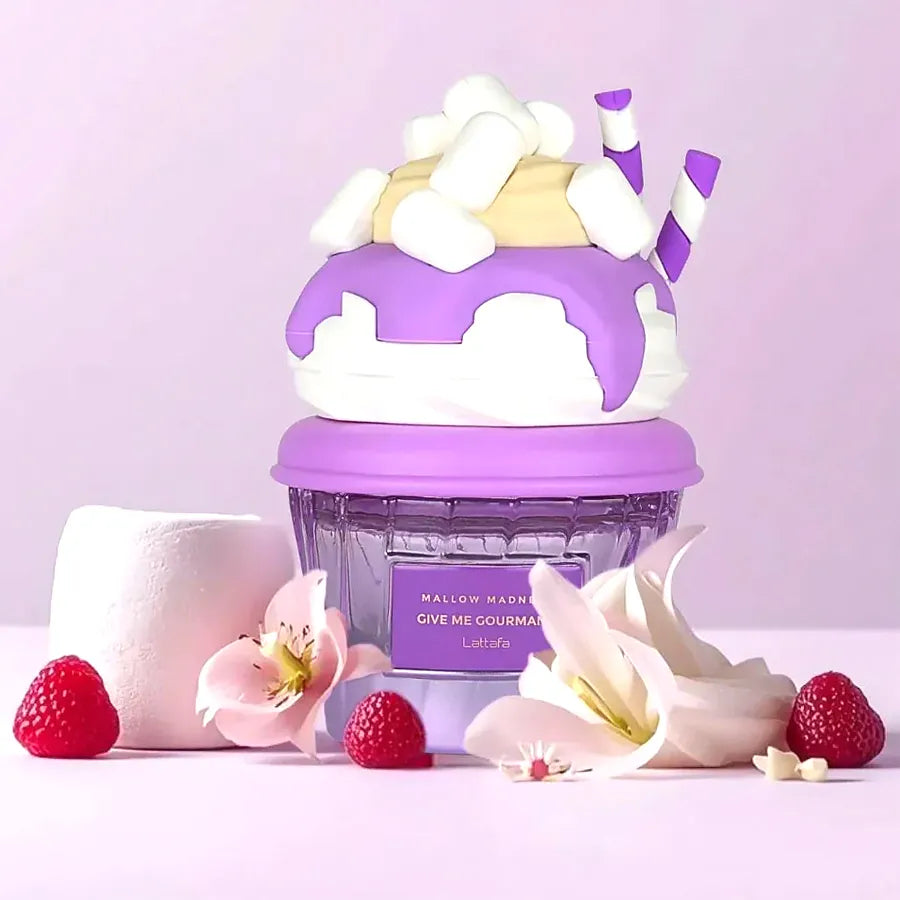 Vista frontal del perfume Lattafa Mallow Madness gourmand unisex