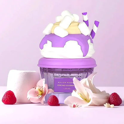 Vista frontal del perfume Lattafa Mallow Madness gourmand unisex