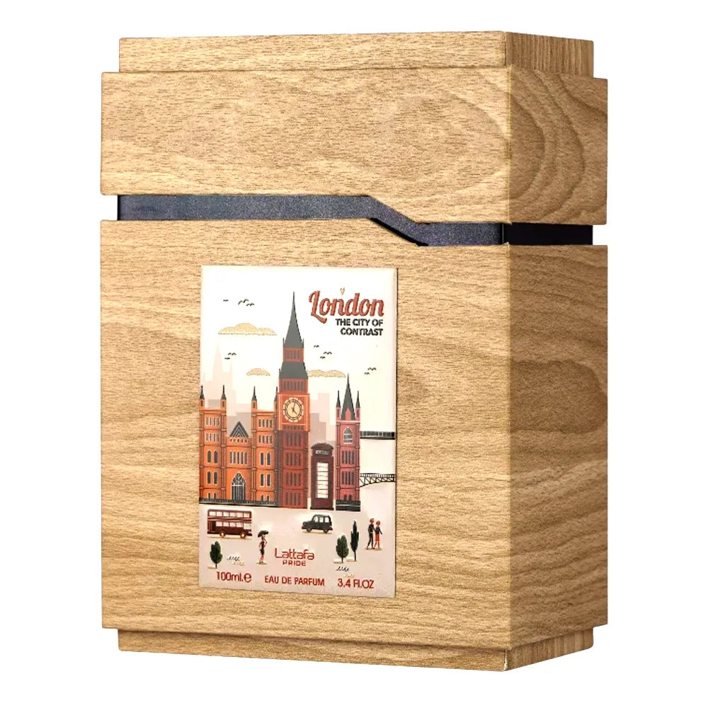 Caja original del perfume Lattafa Pride London The City of Contrast 100ml