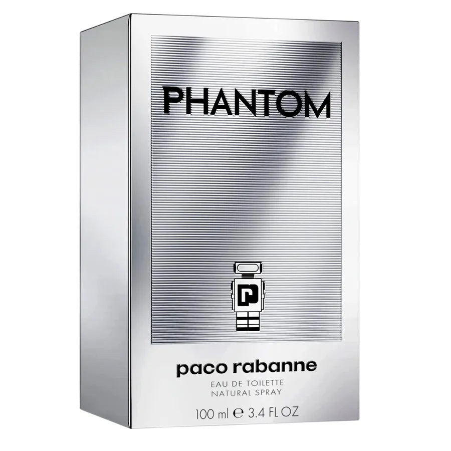 Caja original del perfume Phantom Paco Rabanne con diseño futurista