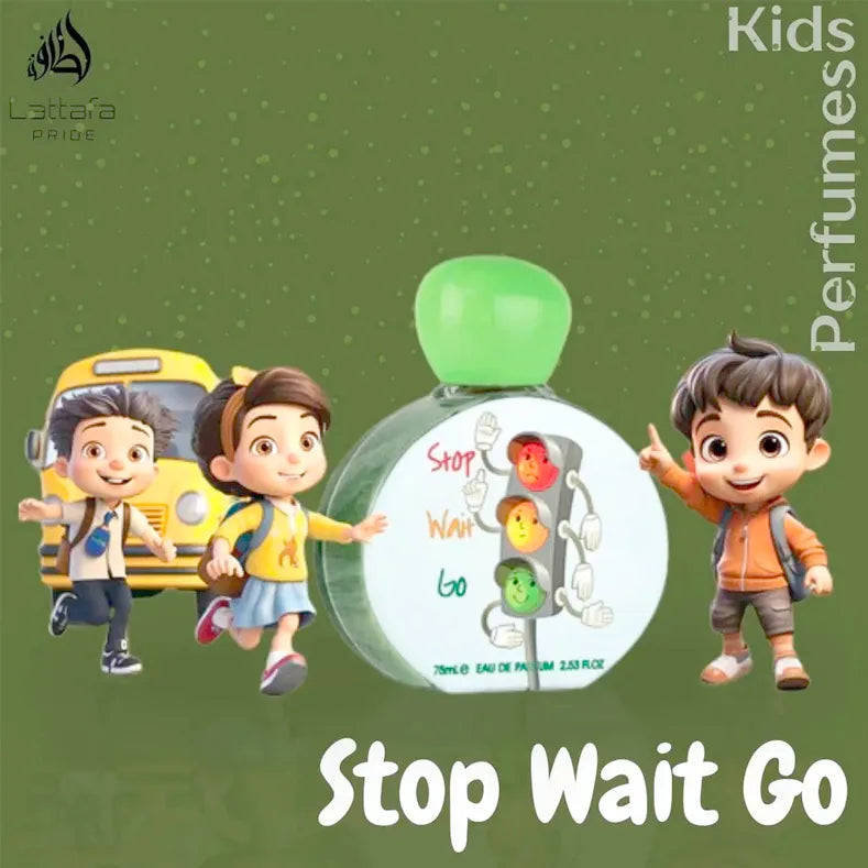 Vista frontal del perfume Stop Wait Go Lattafa Pride 75ml para niños