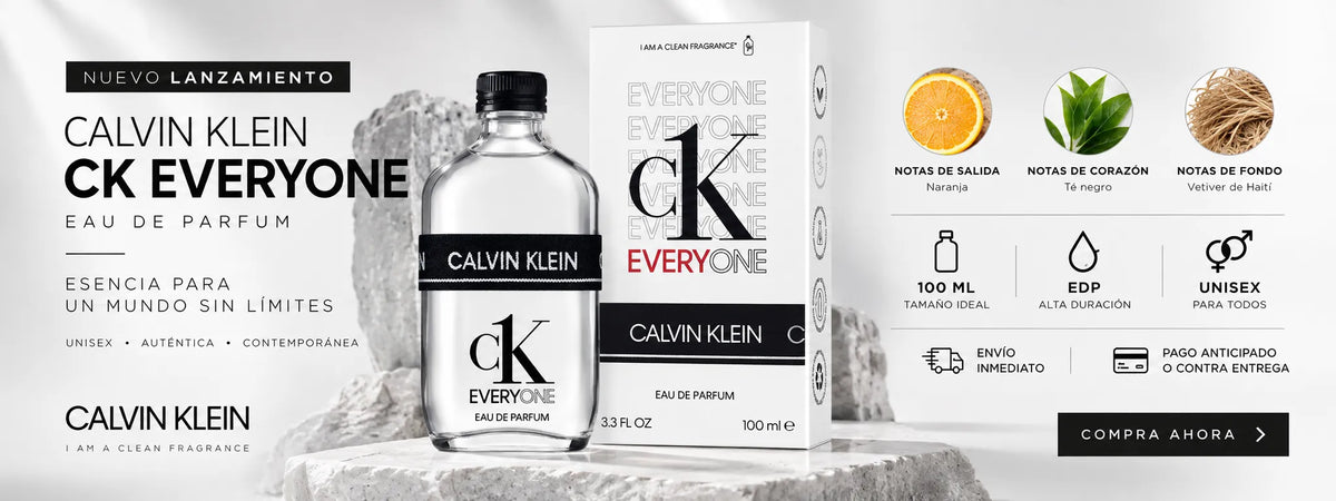 Calvin Klein CK Everyone EDP 100 ml unisex en presentación de frasco y caja, fragancia con notas de naranja, té negro y vetiver de Haití