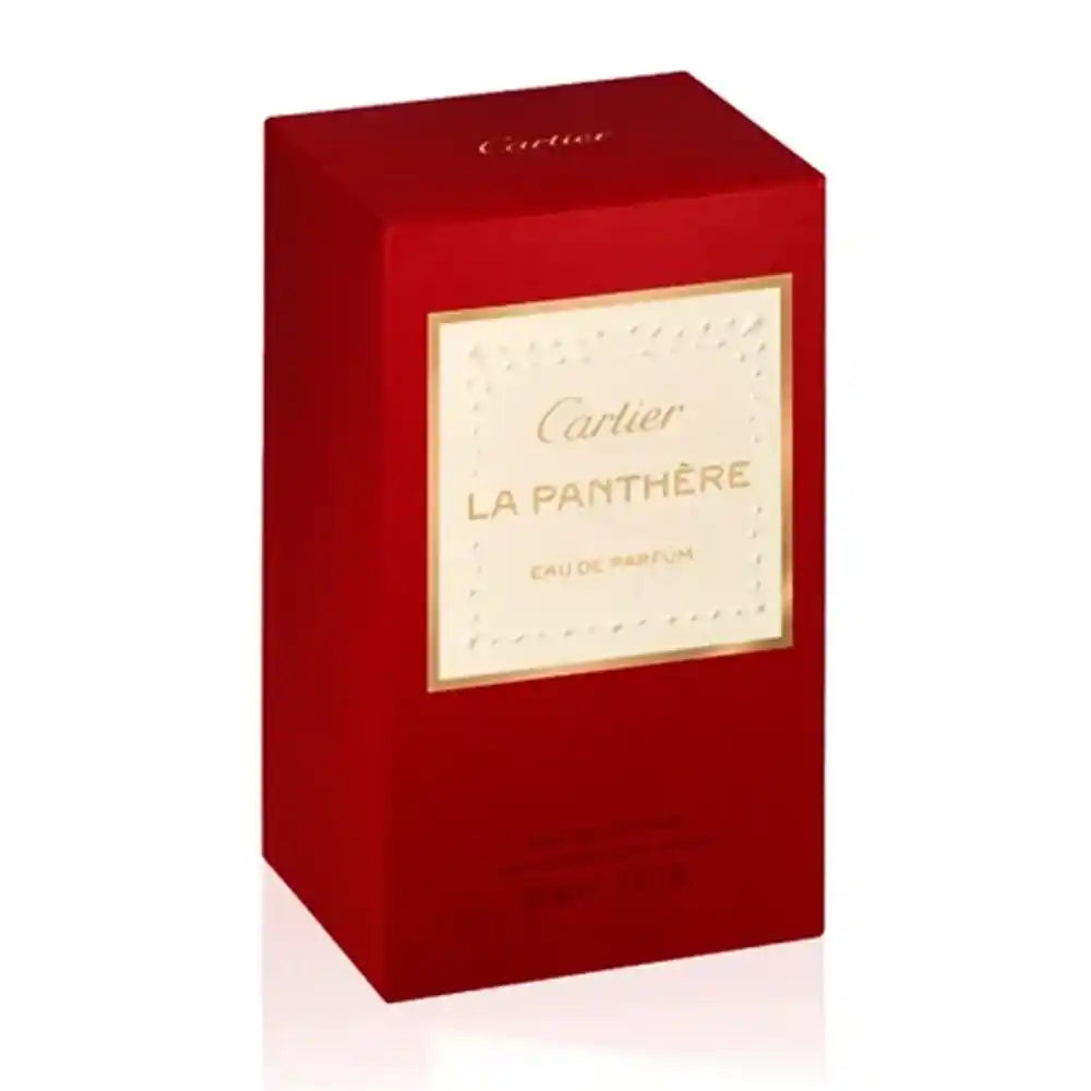 Caja y frasco de La Panthère Cartier Eau de Parfum 75 ml para mujer.
