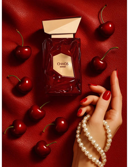 detalle del frasco del perfume chaos extrait french avenue exhibiendo su etiqueta y tapa metálica