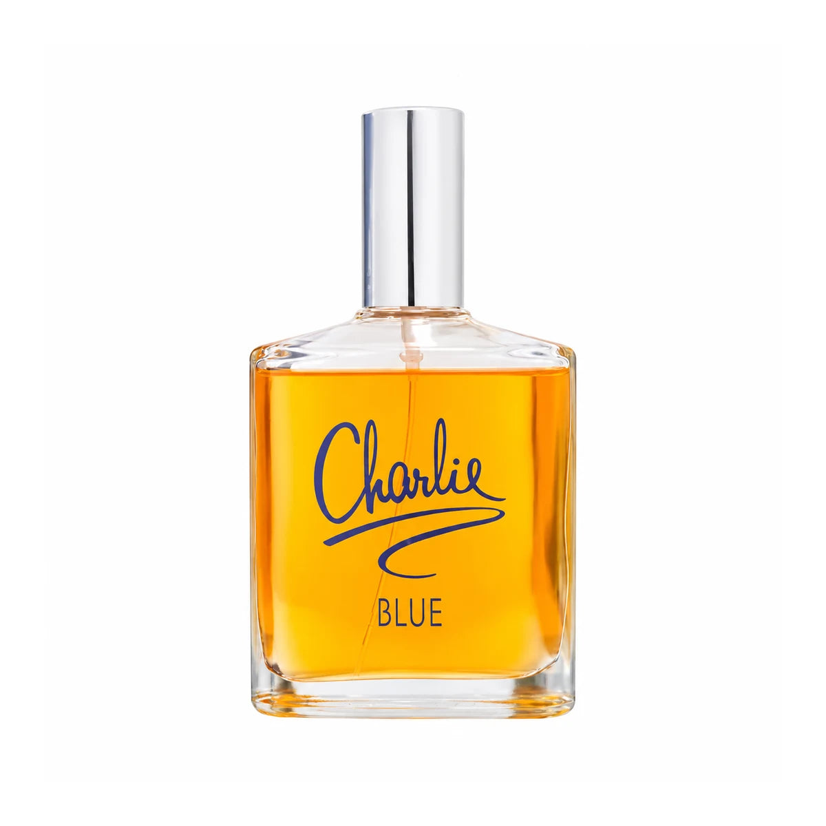 Frasco de Charlie Blue de Revlon EDT 100 ml para mujer, con líquido ámbar, tapa plateada y fondo blanco