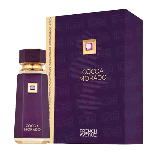Botella de perfume Cocoa Morado French Avenue Eau de Parfum 100ml en tono morado con detalles dorados y elegante diseño