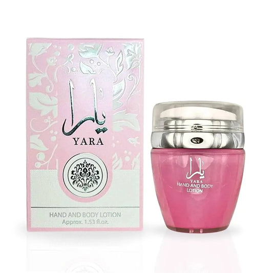 Crema de manos y cuerpo Lattafa Yara 54ml envase rosa con diseño oriental