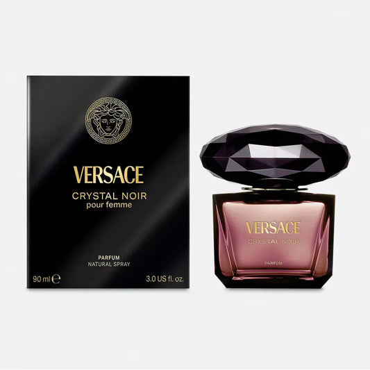 Botella negra Versace Crystal Noir Parfum 90ml con detalle de tapón dorado y medusa