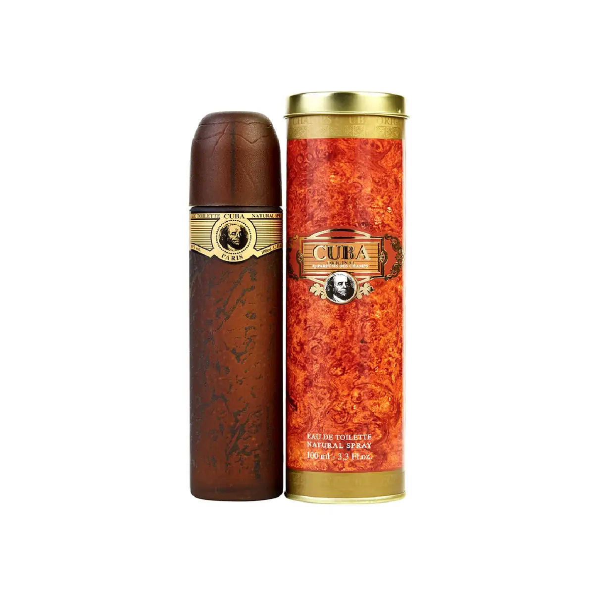 Perfume Cuba Gold EDT 100 ml para hombre con frasco marrón y estuche cilíndrico naranja y dorado sobre fondo blanco