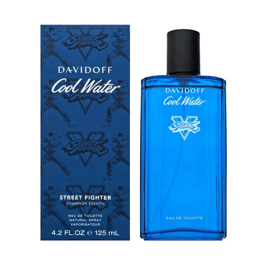 Botella de perfume Cool Water Street Fighter Davidoff EDT 125ml en diseño azul vibrante con detalles urbanos y estilo moderno