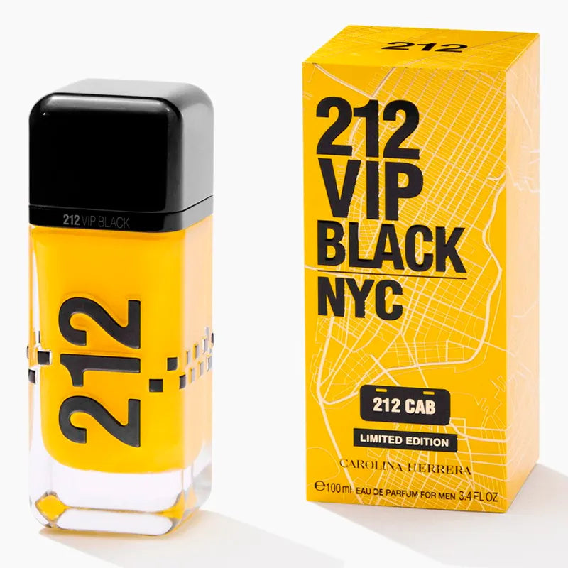 Detalle del frasco 212 VIP Black Cap Carolina Herrera perfume masculino amarillo elegante