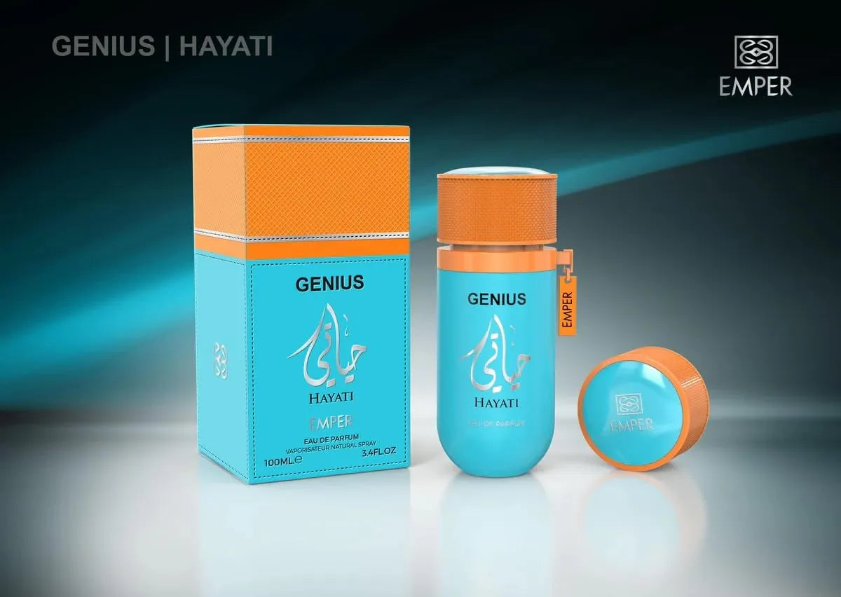 Detalle del frasco de Genius Hayati destacando su textura y acabado brillante