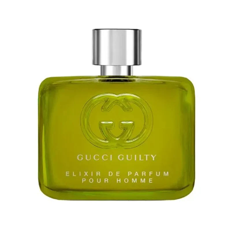 Detalle del frasco de Gucci Guilty Elixir resaltando textura color y tapa metálica