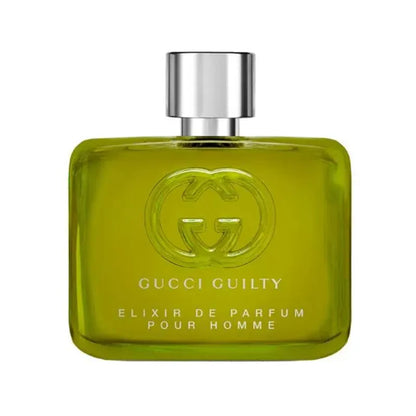 Detalle del frasco de Gucci Guilty Elixir resaltando textura color y tapa metálica
