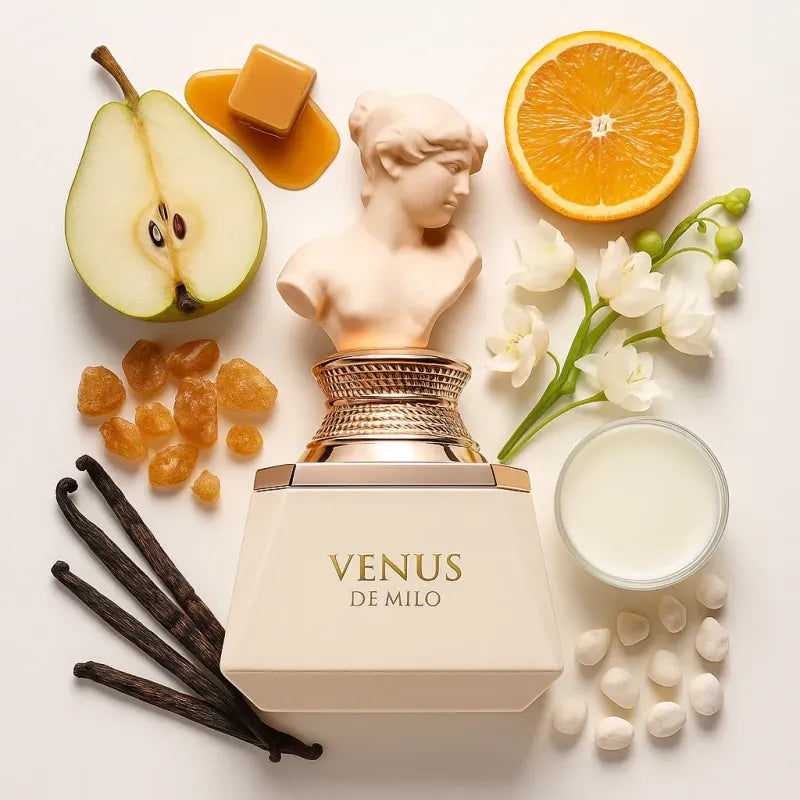 Detalle del atomizador dorado y tapa del perfume Venus De Milo
